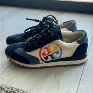 Tory Burch Navy and Cream Sneakers with Multicolor Logo